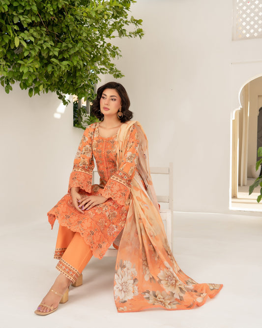 Pakistani Designer Peach Printed Lawn Suit Online in UK USA Canada
