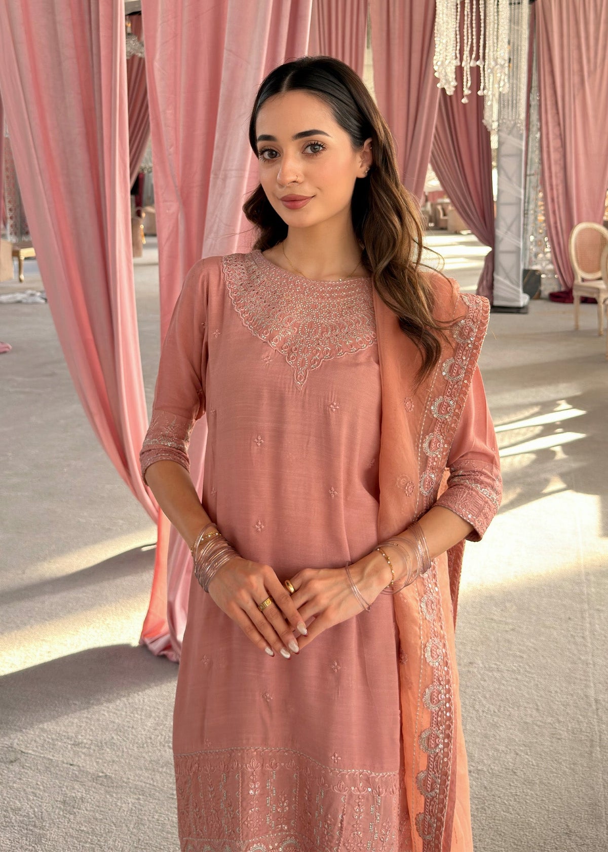 Pakistani Designer Peach Raw Silk Salwar Kameez Online in KSA Riyadh Saudi Arabia Oman Bahrain Qatar