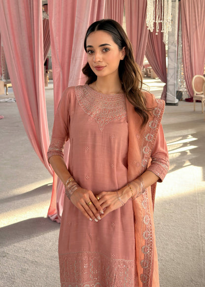 Pakistani Designer Peach Raw Silk Salwar Kameez Online in KSA Riyadh Saudi Arabia Oman Bahrain Qatar