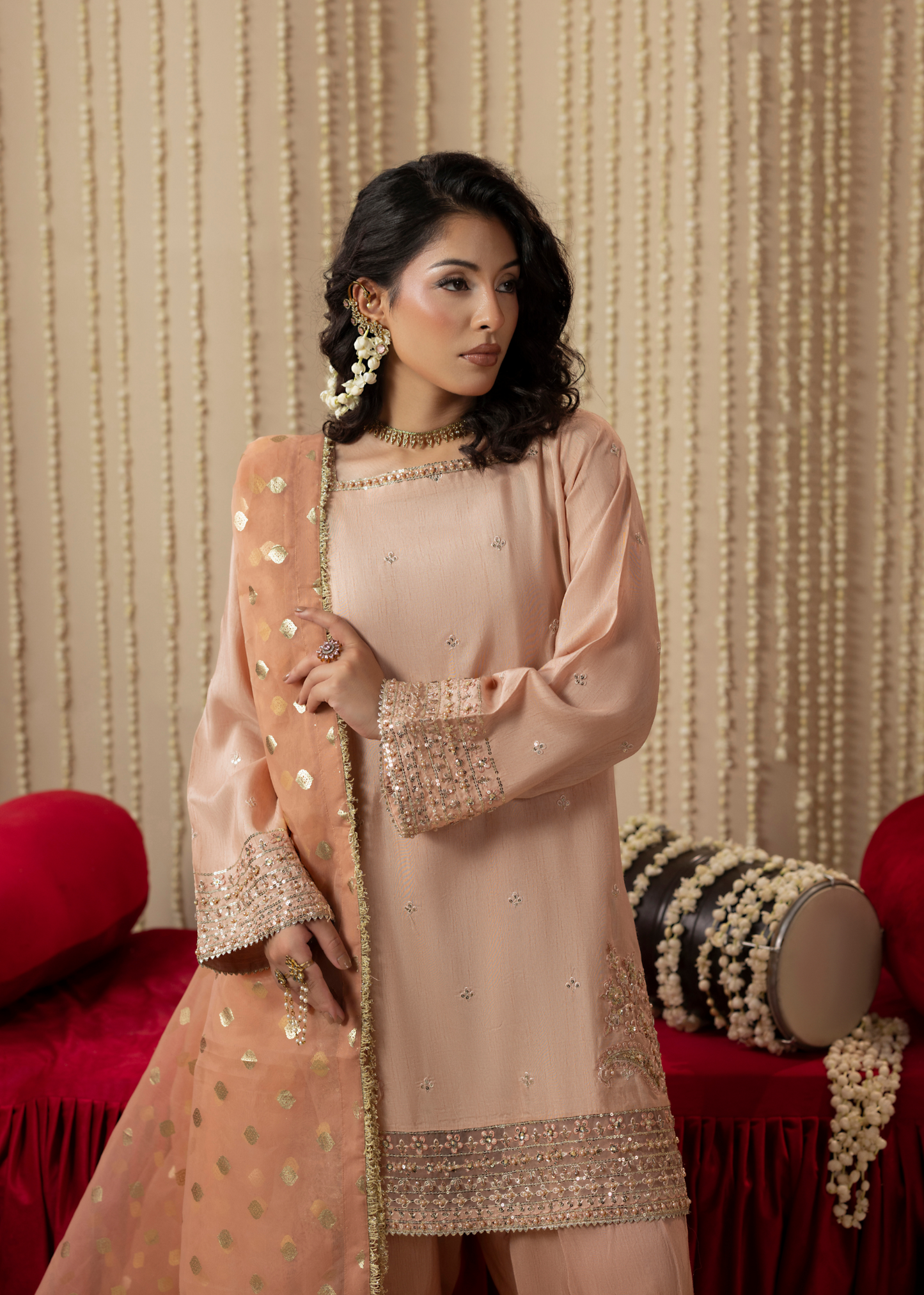 Pakistani Designer Peach Silk Farshi Suit Online in KSA Riyadh Saudi Arabia Oman Bahrain Qatar