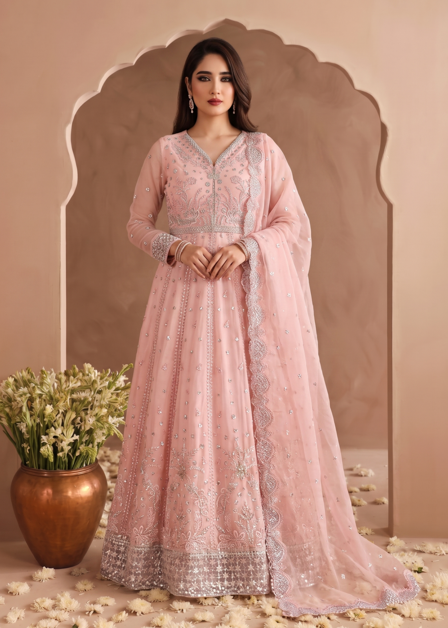 Pakistani Designer Pink Chiffon Flared Maxi Suit Online in KSA Riyadh Saudi Arabia Oman Bahrain Qatar