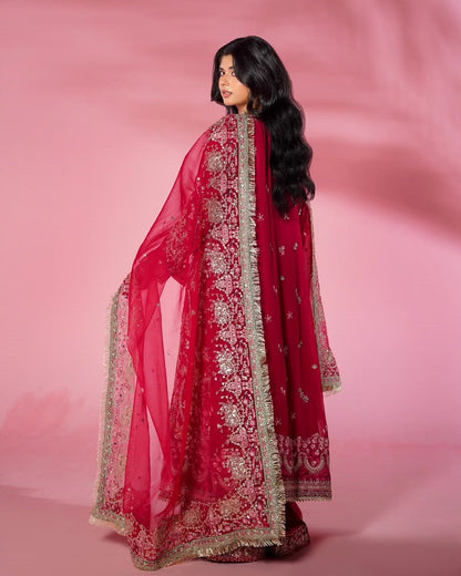 Pakistani Designer Pink Chiffon Suit with Organza Dupatta Online in KSA Riyadh Saudi Arabia Oman Bahrain Qatar