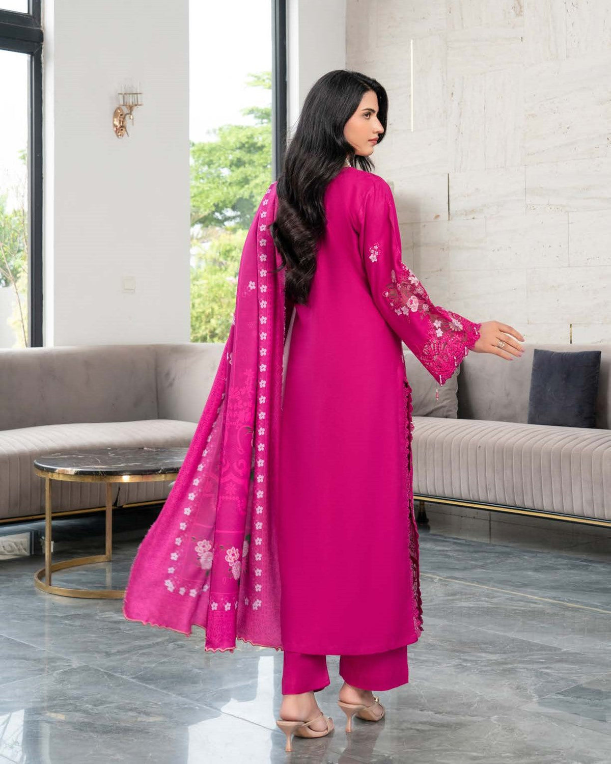 Pakistani Designer Pink Dhanak Salwar Suit Online in KSA Riyadh Saudi Arabia Oman Bahrain Qatar