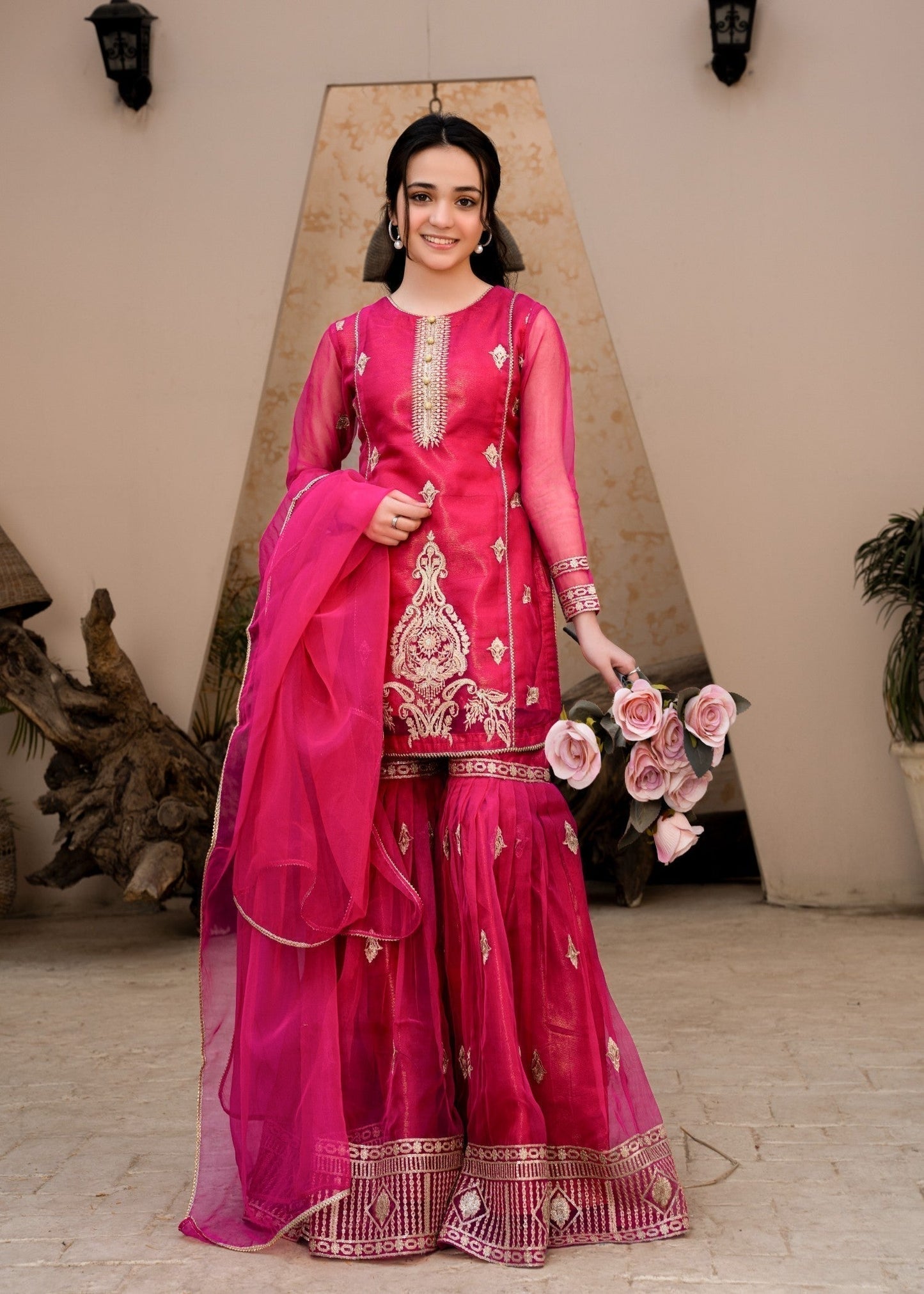Pakistani Designer Pink Embroidered Gharara Online in UK USA Canada
