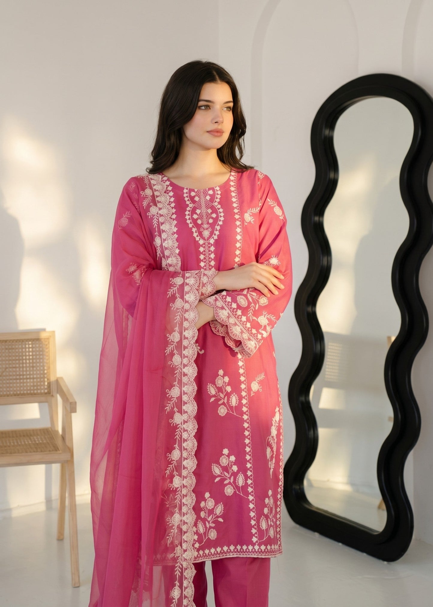 Pakistani Designer Pink Embroidered Lawn Salwar Kameez Online in KSA Riyadh Saudi Arabia Oman Bahrain Qatar