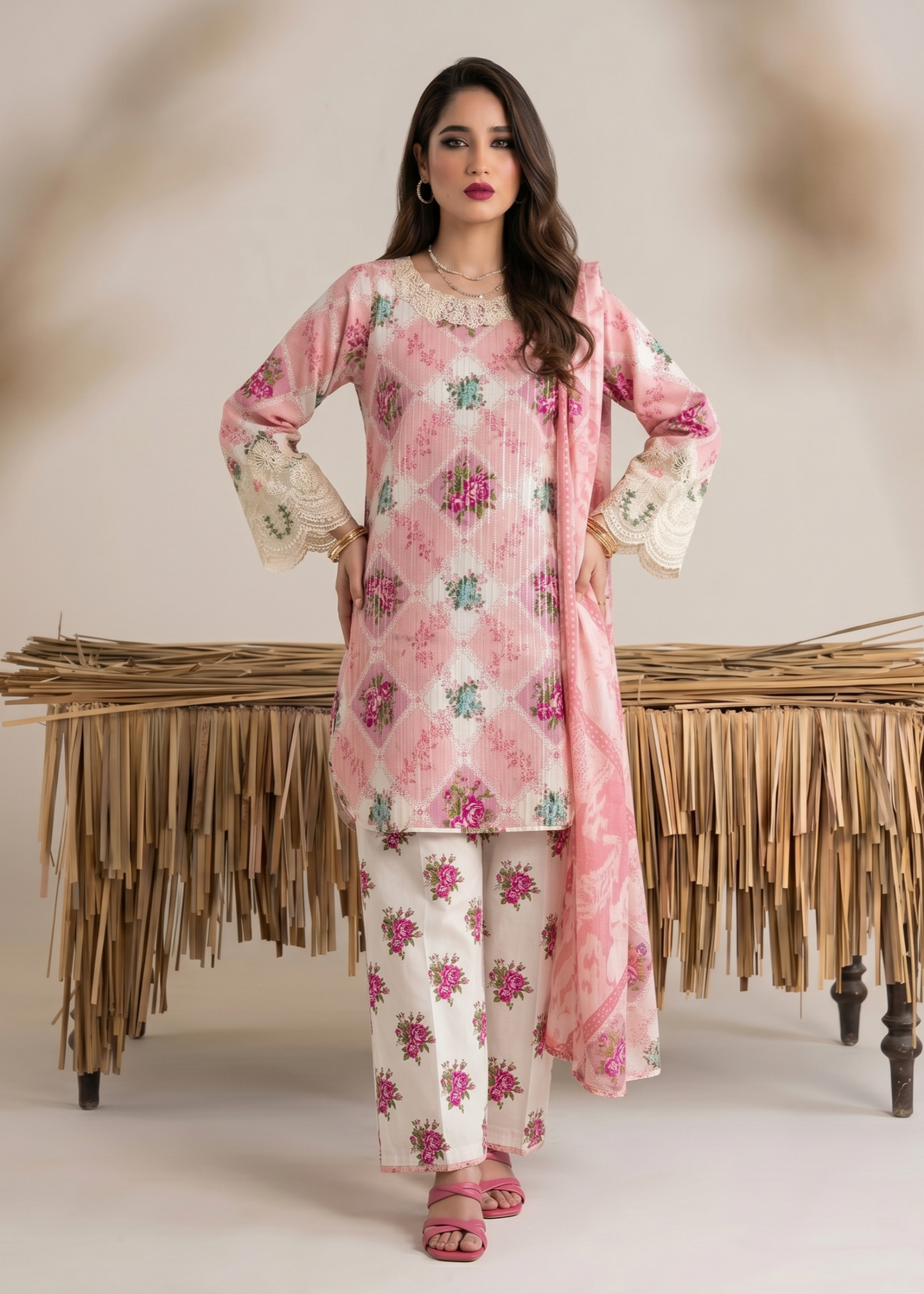 Pakistani Designer Pink Lawn Salwar Kameez Online in KSA Riyadh Saudi Arabia Oman Bahrain Qatar