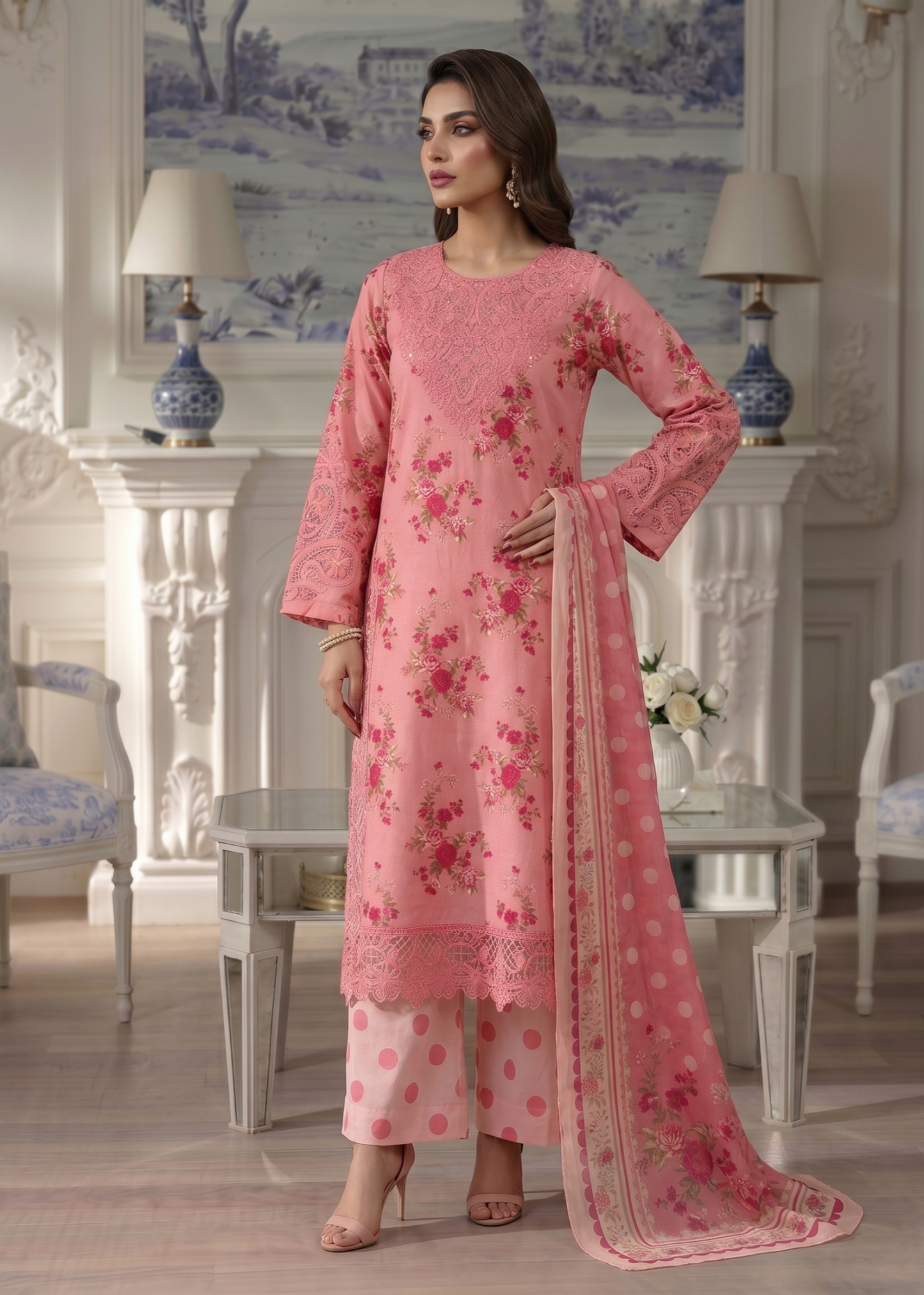 Pakistani Designer Pink Lawn Salwar Kameez Online in KSA Riyadh Saudi Arabia Oman Bahrain Qatar