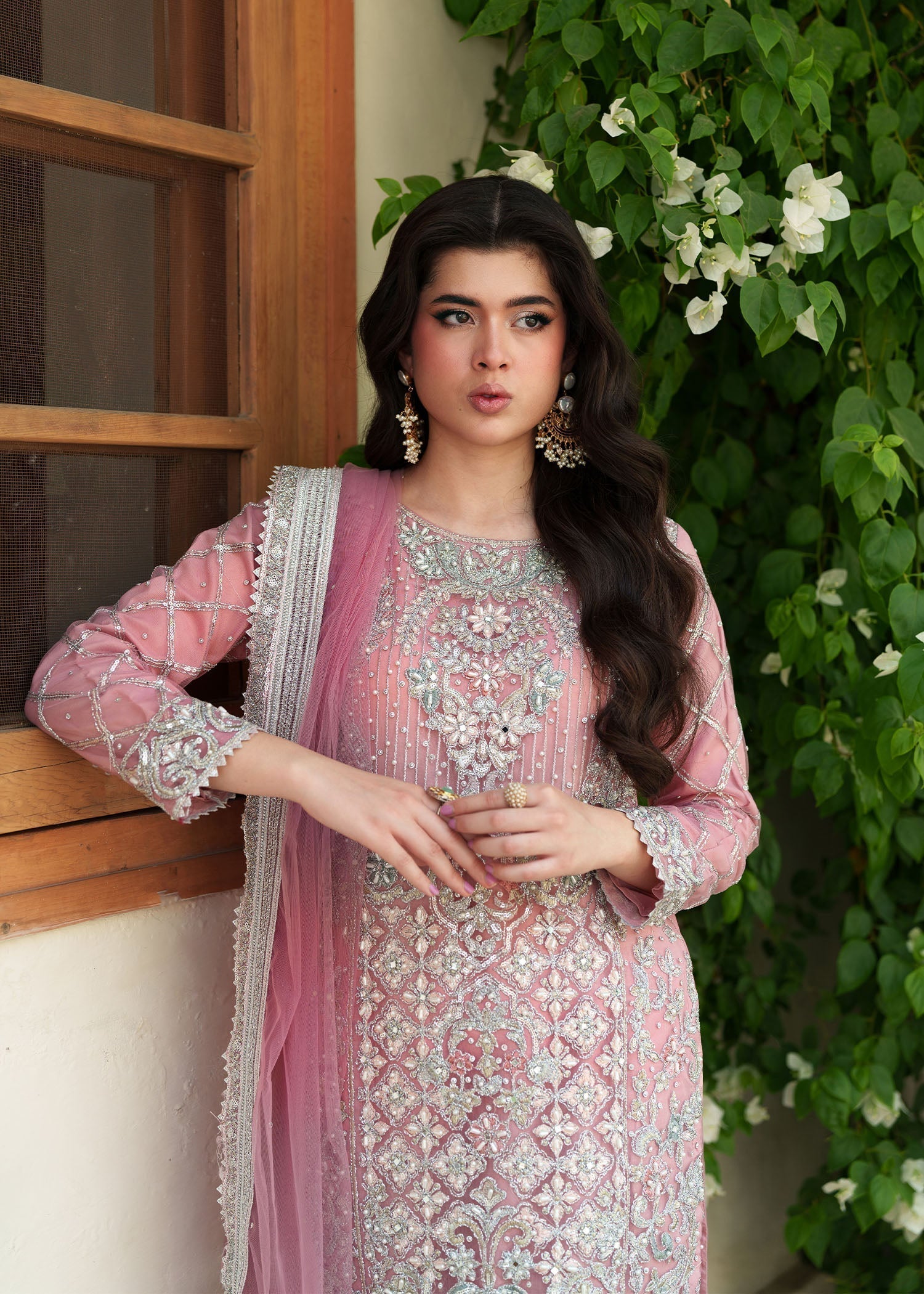 Pakistani Designer Pink Net Sharara Gharara Online in KSA Riyadh Saudi Arabia Oman Bahrain Qatar
