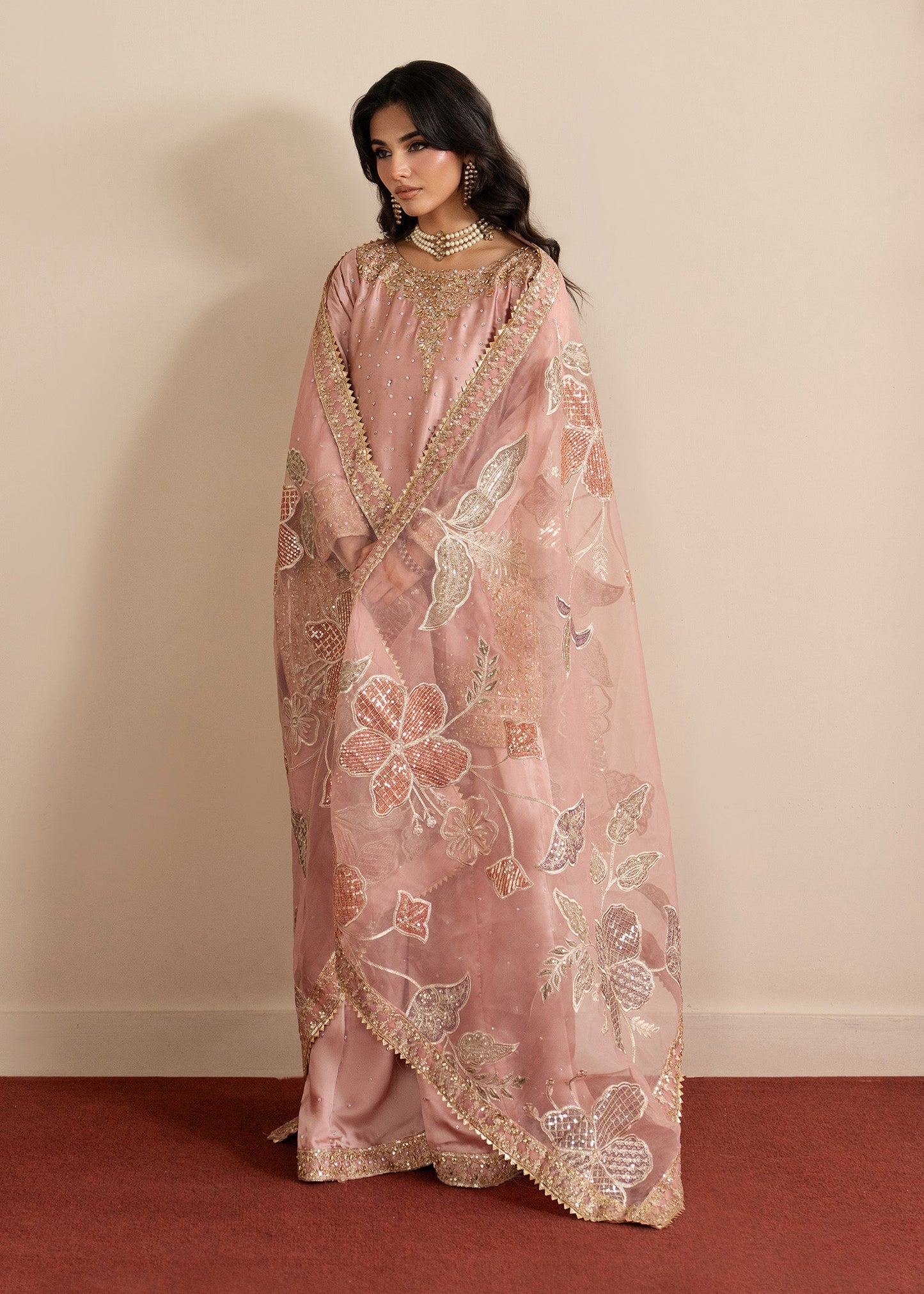 Pakistani Designer Pink Organza Sharara Gharara Online in KSA Riyadh Saudi Arabia Oman Bahrain Qatar