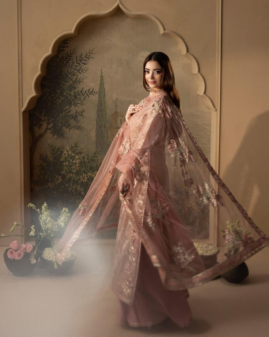 Pakistani Designer Pink Raw Silk Sharara Gharara Online in KSA Riyadh Saudi Arabia Oman Bahrain Qatar