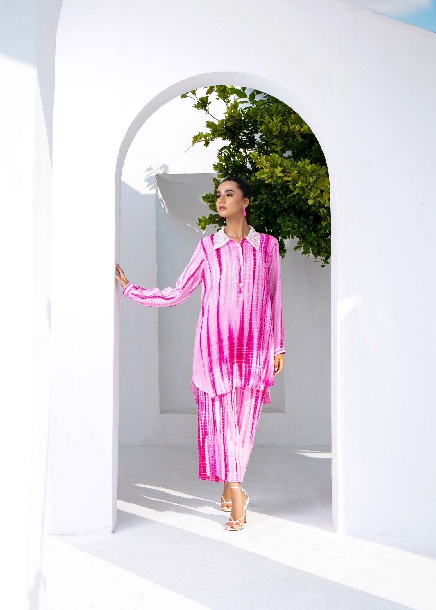 Pakistani Designer Pink Tie Dye Raw Silk Suit Online in KSA Riyadh Saudi Arabia Oman Bahrain Qatar