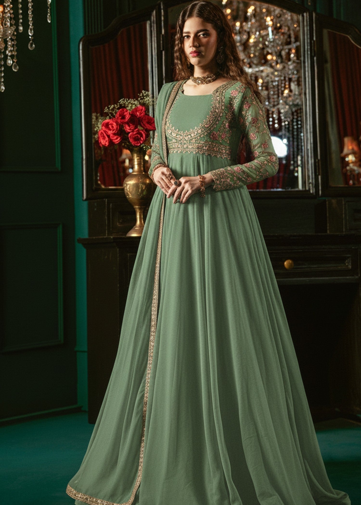Pakistani Designer Pistachio Chiffon Festive Wear Suit Online in Sri Lanka India Australia