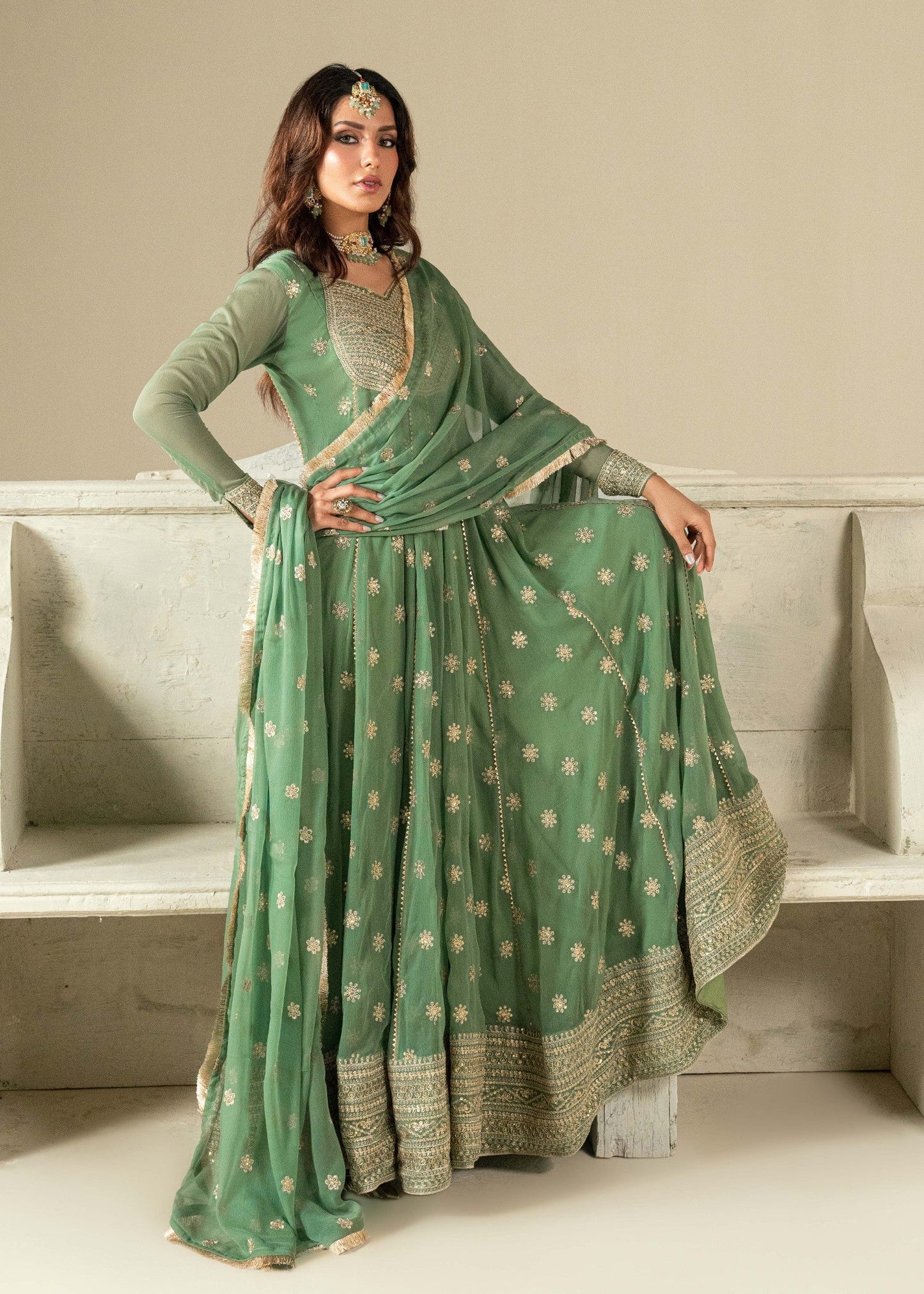 Pakistani Designer Pistachio Chiffon Salwar Kameez Online in KSA Riyadh Saudi Arabia Oman Bahrain Qatar
