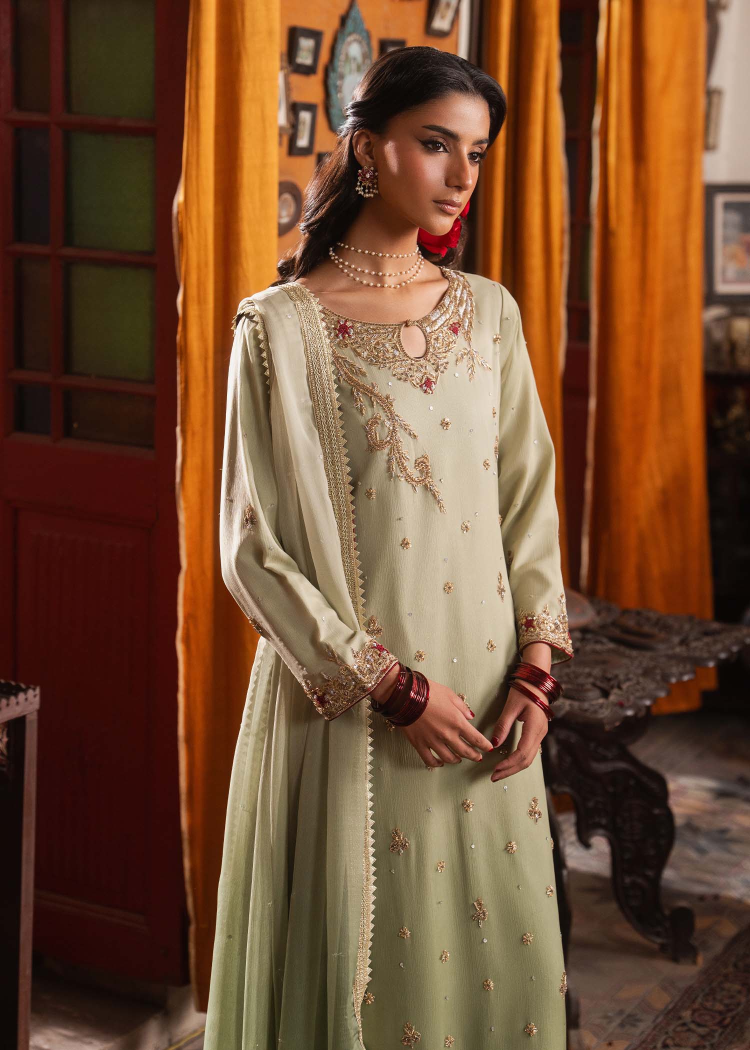 Pakistani Designer Pistachio Chiffon Salwar Kameez Online in KSA Riyadh Saudi Arabia Oman Bahrain Qatar