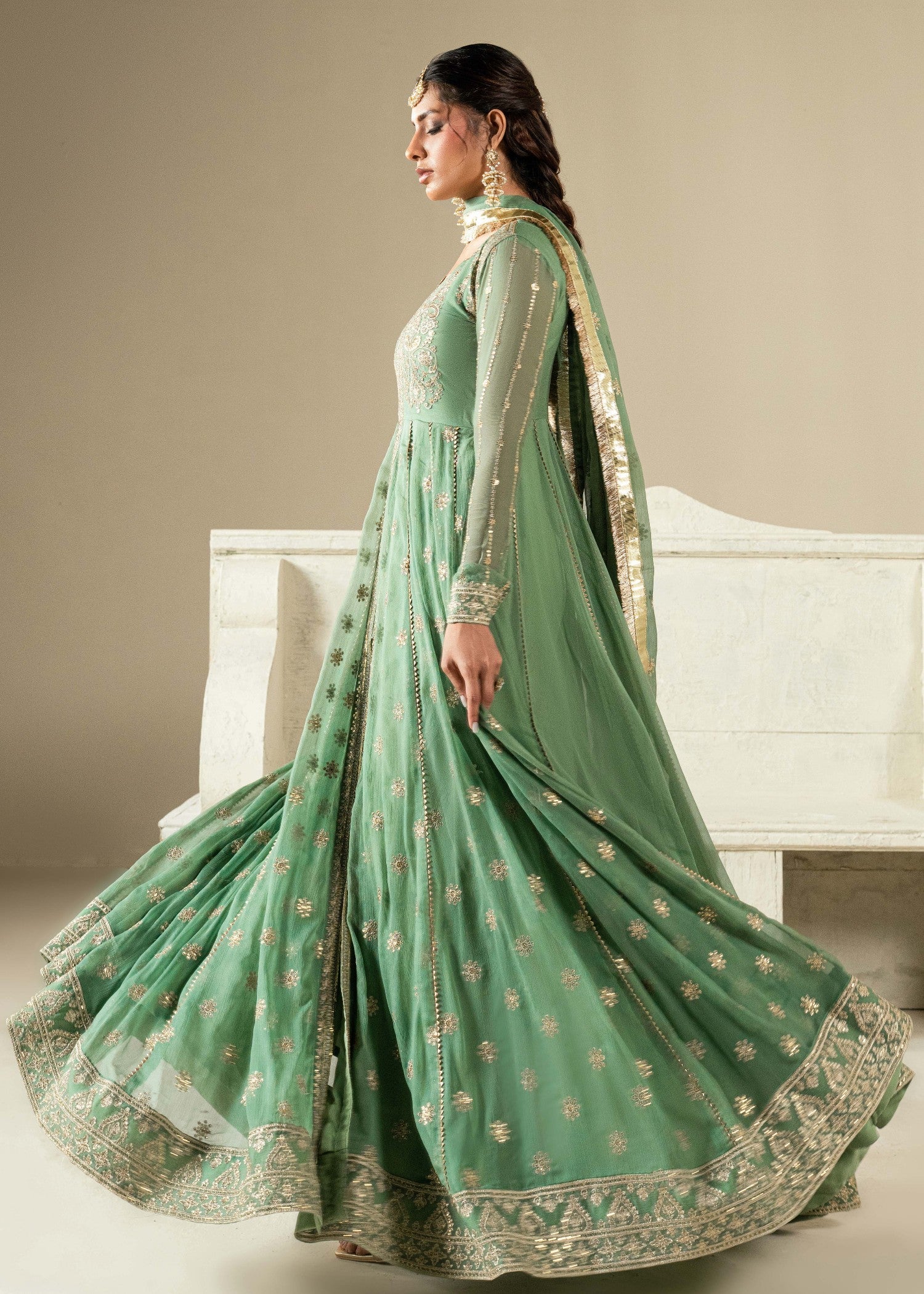 Pakistani Designer Pistachio Chiffon Salwar Kameez Online in KSA Riyadh Saudi Arabia Oman Bahrain Qatar