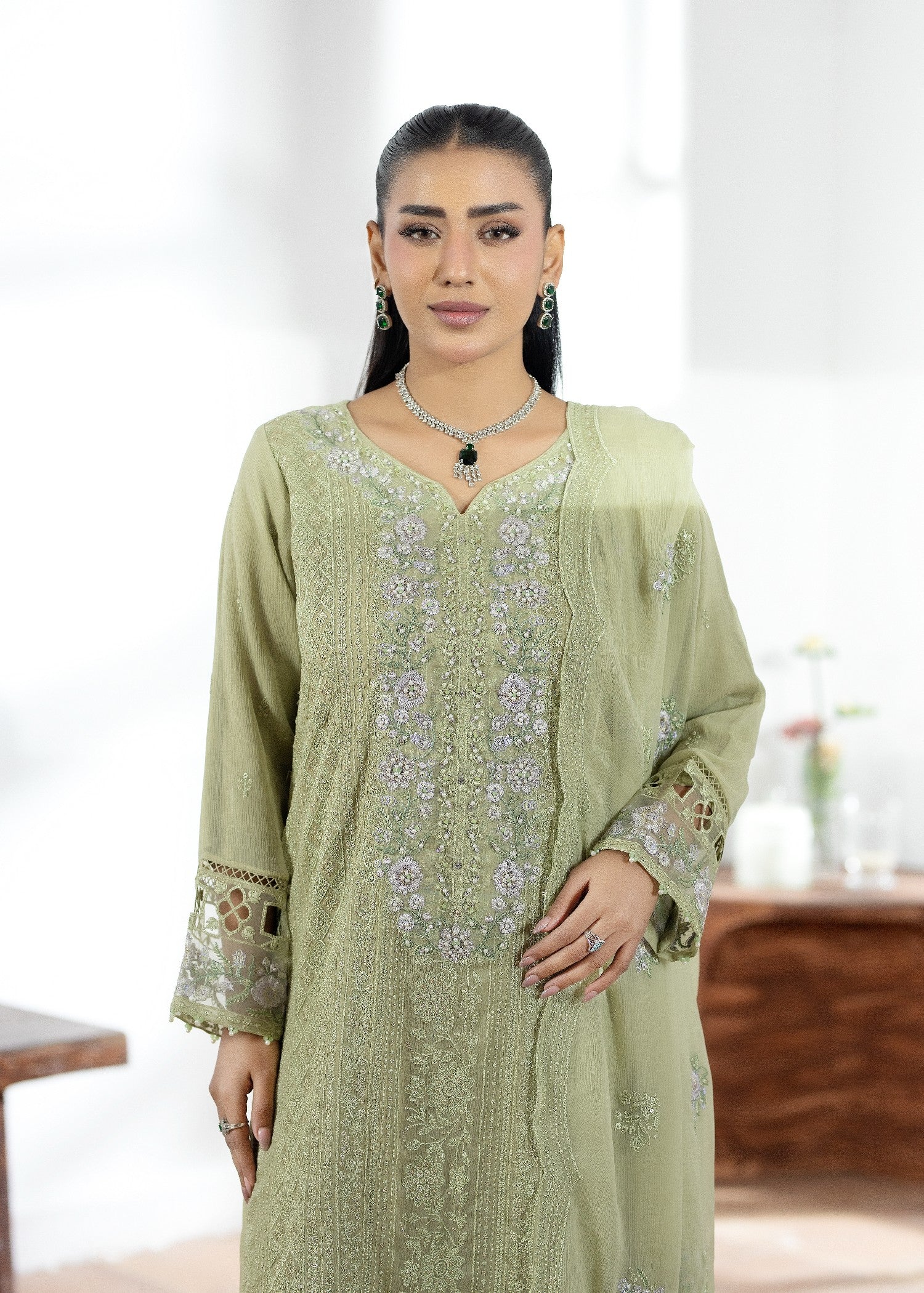 Pakistani Designer Pistachio Chiffon Salwar Kameez Online in KSA Riyadh Saudi Arabia Oman Bahrain Qatar