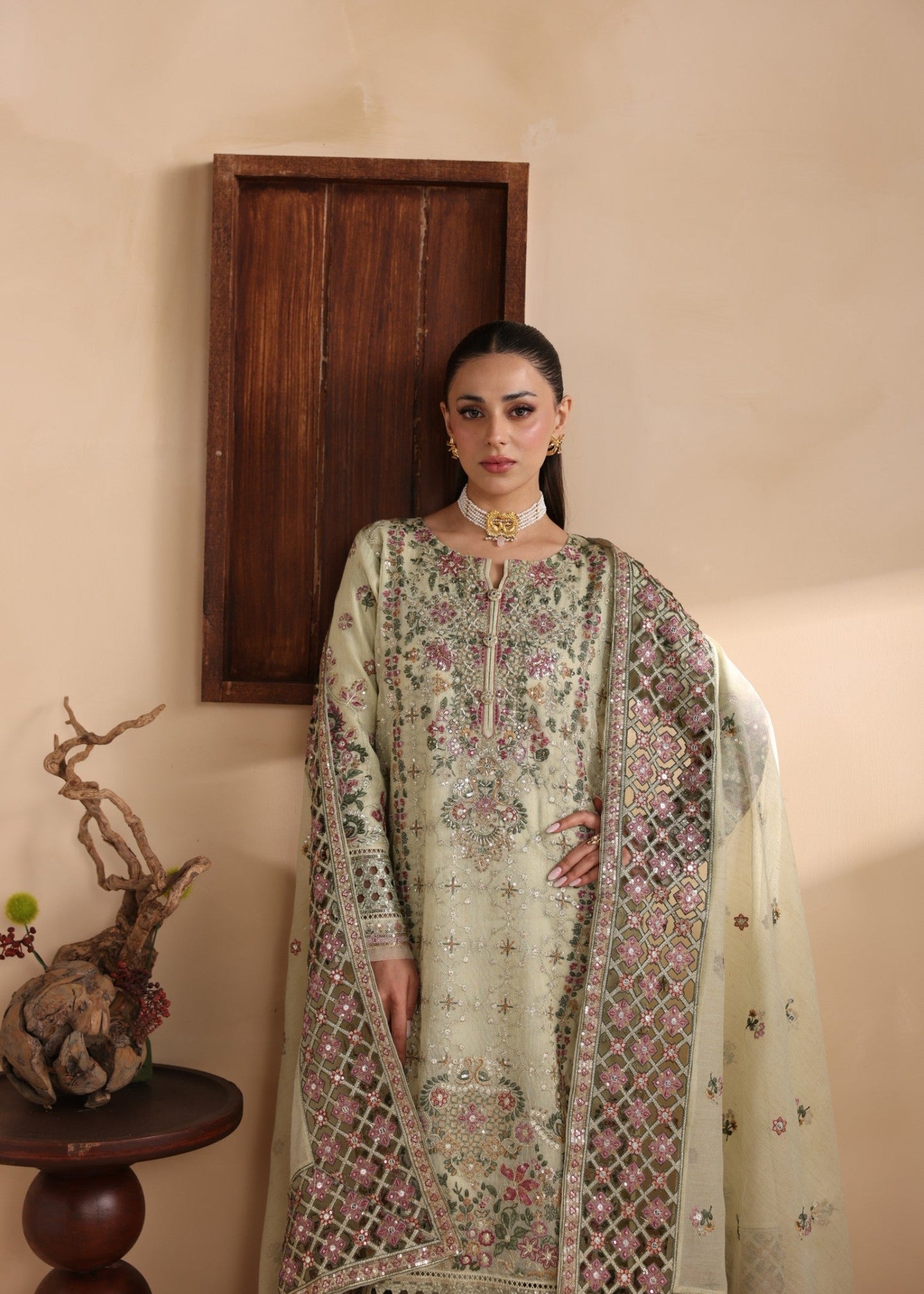 Pakistani Designer Pistachio Embroidered Raw Silk Salwar Kameez Online in KSA Riyadh Saudi Arabia Oman Bahrain Qatar