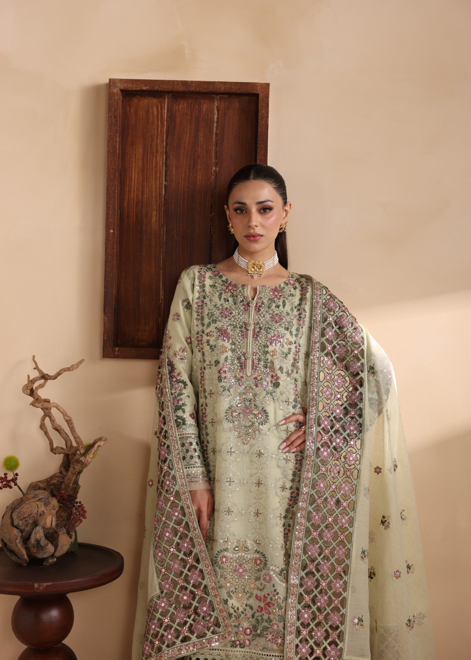 Pakistani Designer Pistachio Embroidered Raw Silk Salwar Kameez Online in KSA Riyadh Saudi Arabia Oman Bahrain Qatar