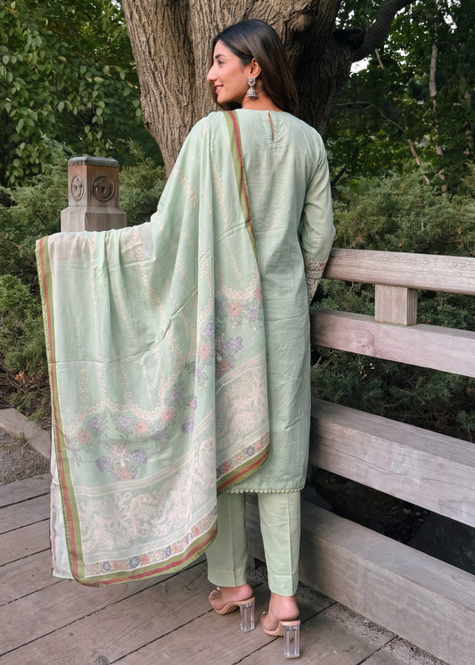 Pakistani Designer Pistachio Green Lawn Shalwar Kameez Online in KSA Riyadh Saudi Arabia Oman Bahrain Qatar