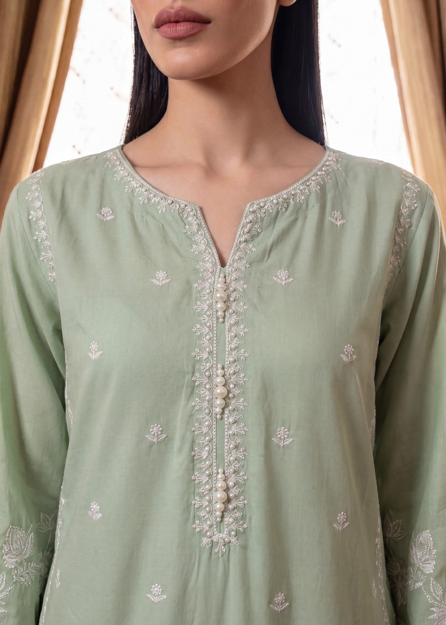 Pakistani Designer Pistachio Green Lawn Suit Online in KSA Riyadh Saudi Arabia Oman Bahrain Qatar