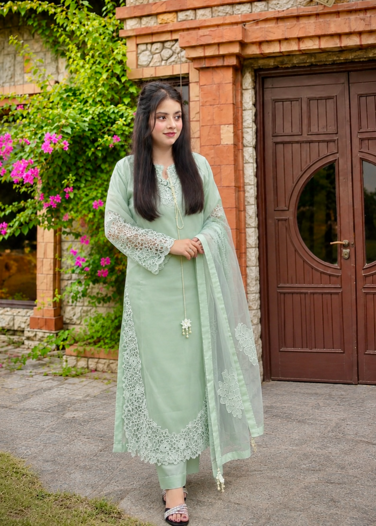 Pakistani Designer Pistachio Green Silk Salwar Suit Online in KSA Riyadh Saudi Arabia Oman Bahrain Qatar