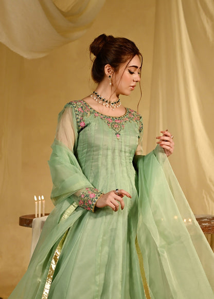 Pakistani Designer Pistachio Organza Pishwas Salwar Kameez Online in KSA Riyadh Saudi Arabia Oman Bahrain Qatar