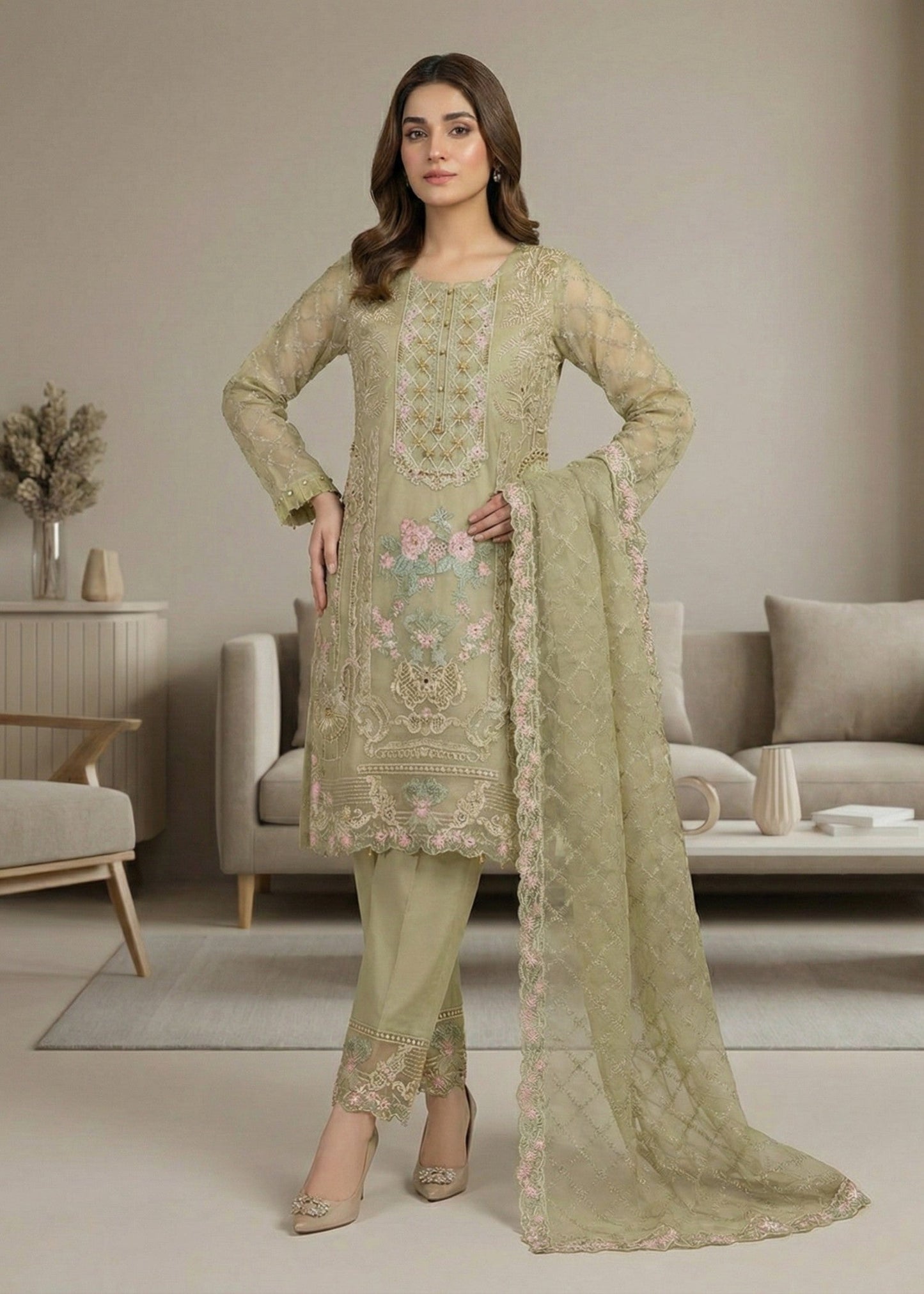 Pakistani Designer Pistachio Organza Salwar Kameez Online in KSA Riyadh Saudi Arabia Oman Bahrain Qatar