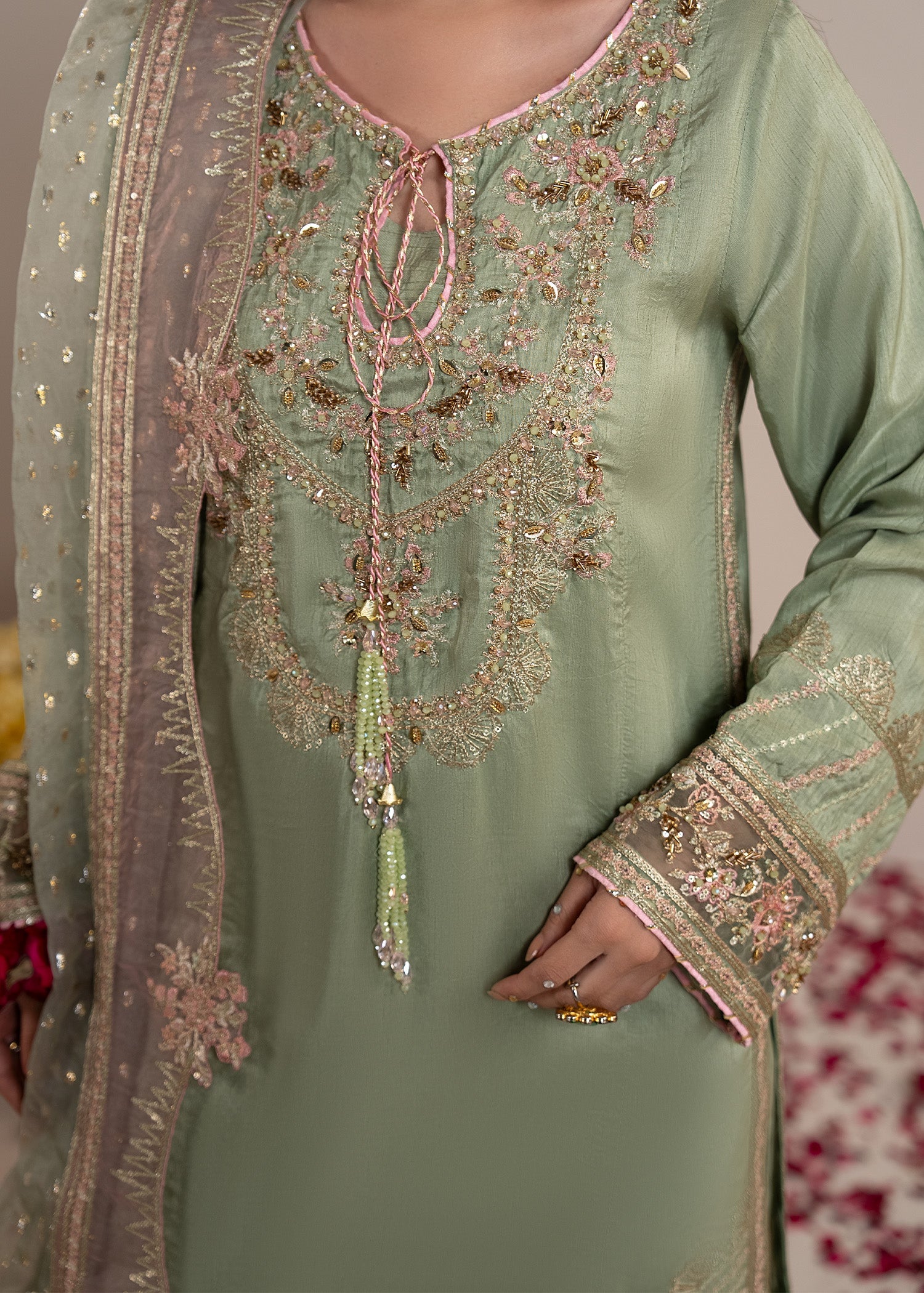 Pakistani Designer Pistachio Raw Silk Salwar Kameez Online in KSA Riyadh Saudi Arabia Oman Bahrain Qatar