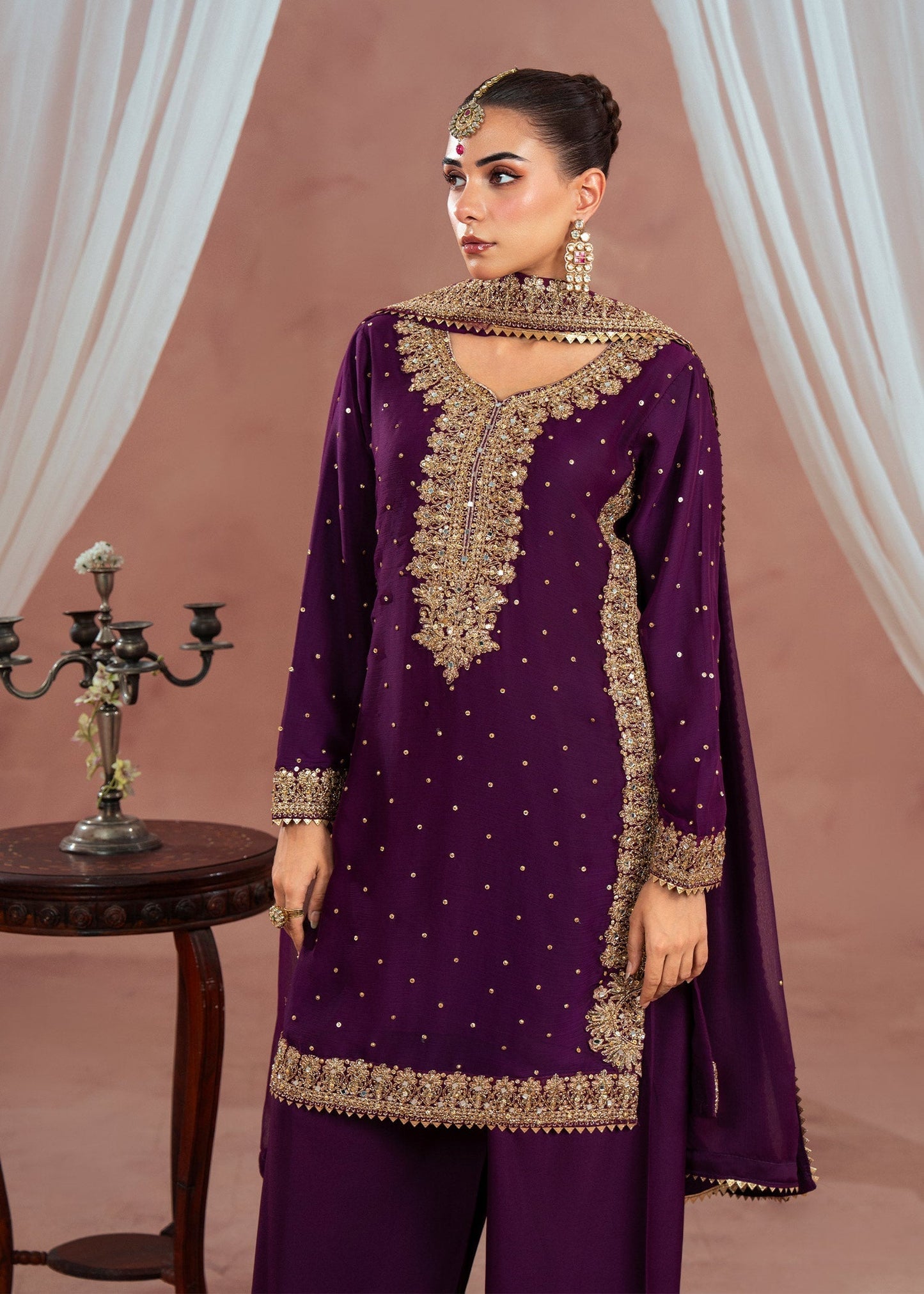 Pakistani Designer Plum Chiffon Salwar Kameez Online in KSA Riyadh Saudi Arabia Oman Bahrain Qatar