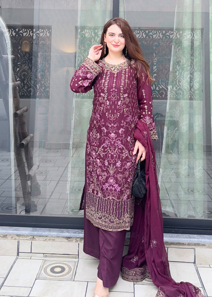 Pakistani Designer Plum Embroidered Chiffon Salwar Kameez Online in KSA Riyadh Saudi Arabia Oman Bahrain Qatar
