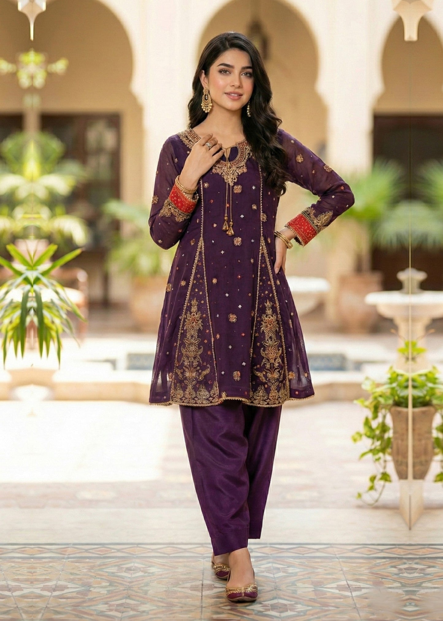 Pakistani Designer Plum Embroidered Net Salwar Kameez Online in KSA Riyadh Saudi Arabia Oman Bahrain Qatar