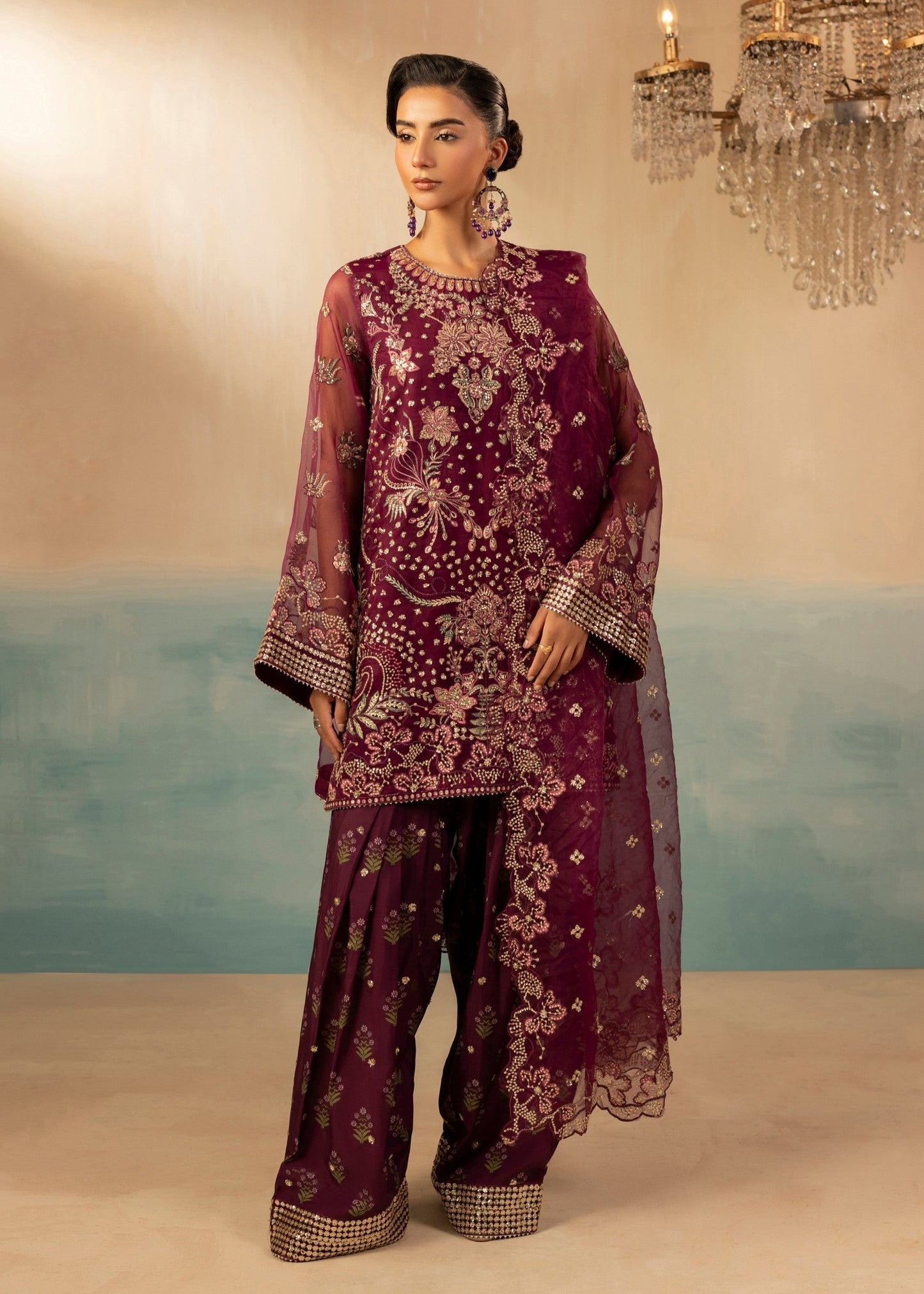 Pakistani Designer Plum Organza Farshi Shalwar Online in KSA Riyadh Saudi Arabia Oman Bahrain Qatar
