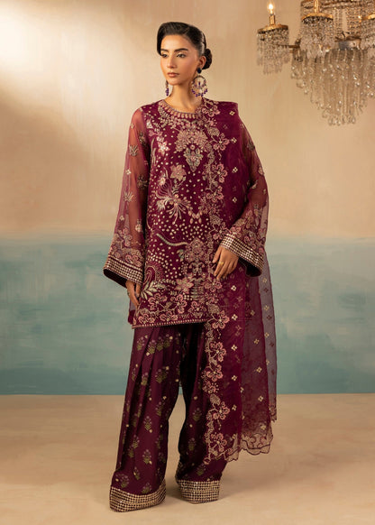 Pakistani Designer Plum Organza Farshi Shalwar Online in KSA Riyadh Saudi Arabia Oman Bahrain Qatar