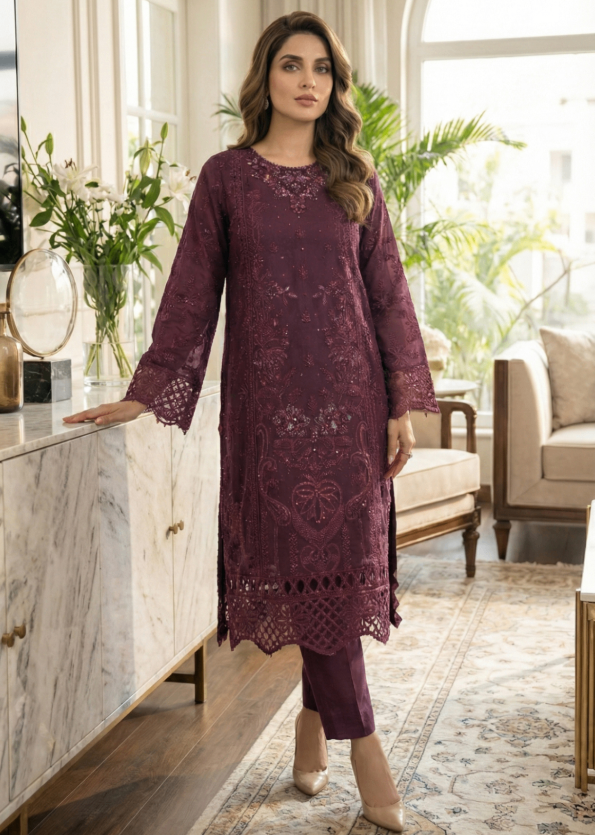 Pakistani Designer Plum Organza Festive Suit Online in KSA Riyadh Saudi Arabia Oman Bahrain Qatar