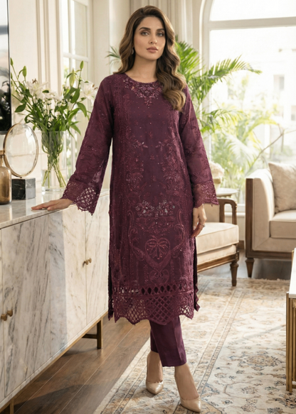 Pakistani Designer Plum Organza Festive Suit Online in KSA Riyadh Saudi Arabia Oman Bahrain Qatar