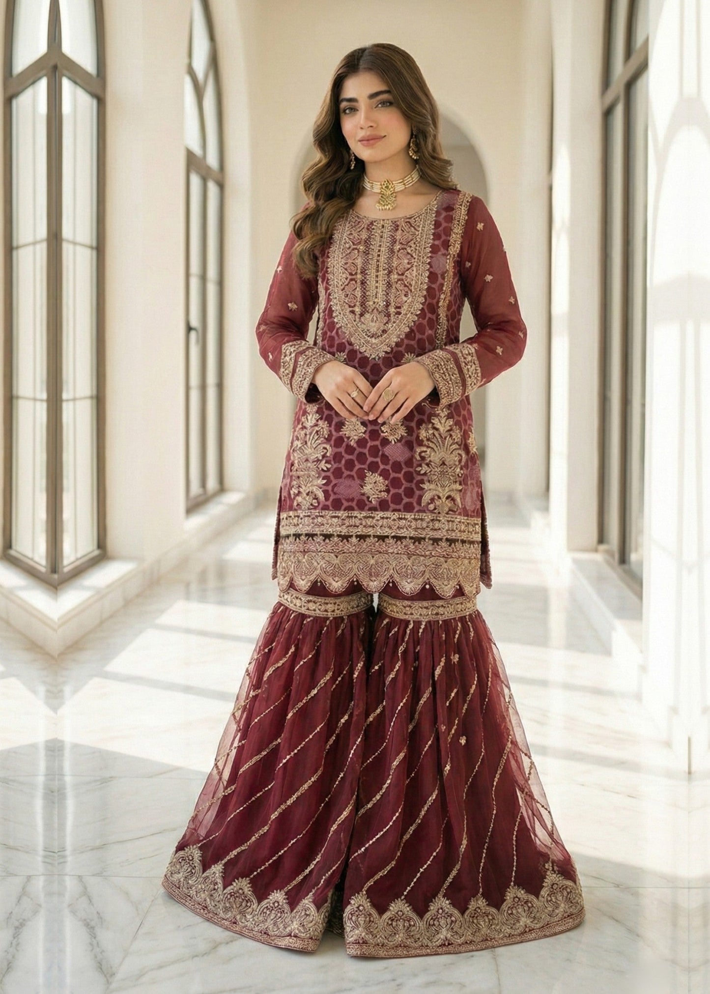 Pakistani Designer Plum Organza Gharara Online in KSA Riyadh Saudi Arabia Oman Bahrain Qatar