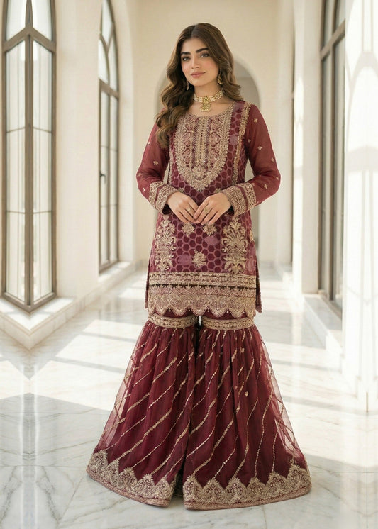 Pakistani Designer Plum Organza Gharara Online in KSA Riyadh Saudi Arabia Oman Bahrain Qatar