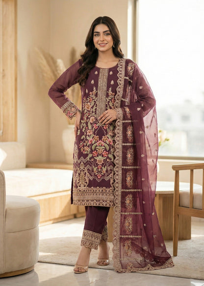 Pakistani Designer Plum Organza Salwar Kameez Online in KSA Riyadh Saudi Arabia Oman Bahrain Qatar