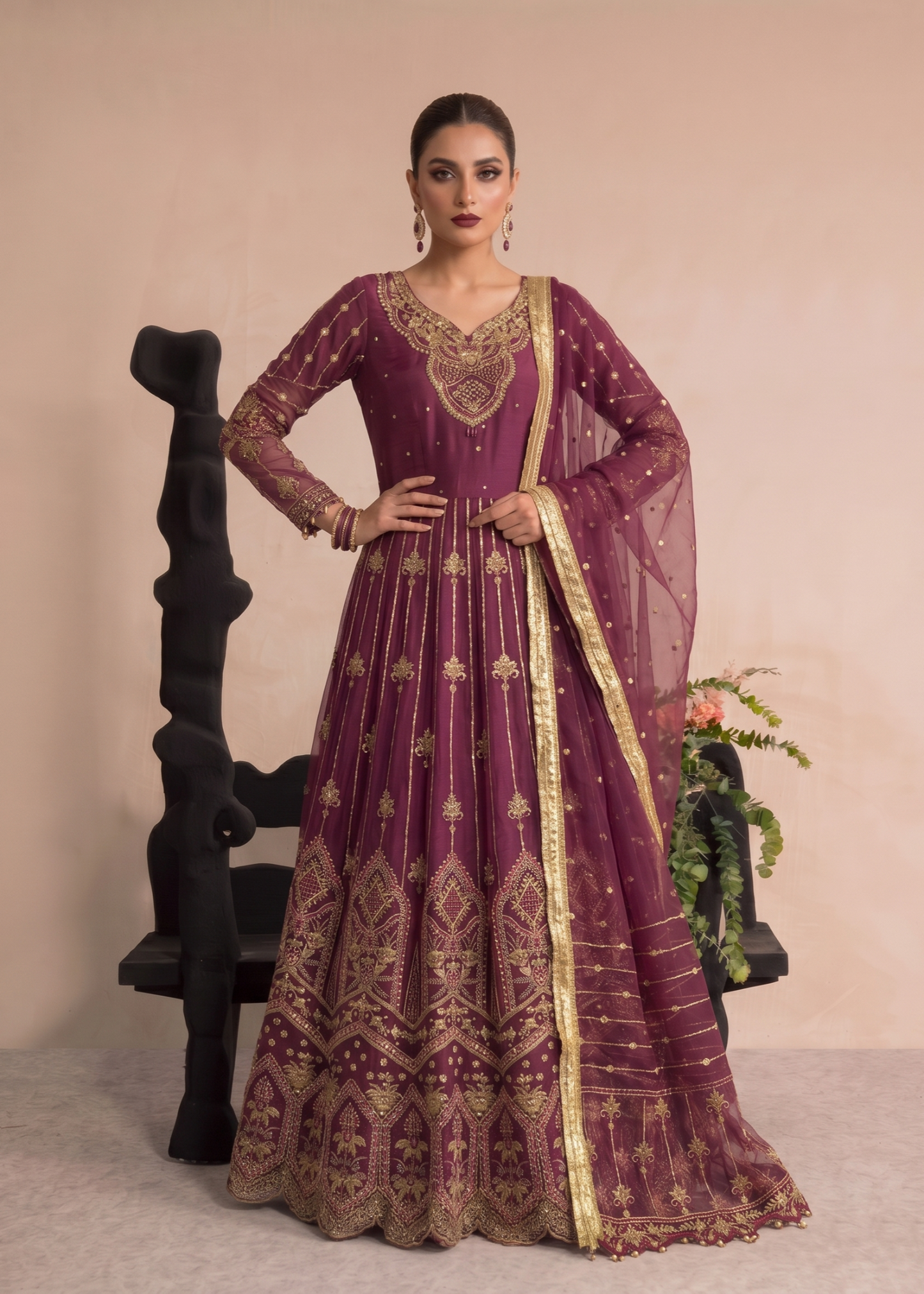 Pakistani Designer Plum Organza Suit Online in KSA Riyadh Saudi Arabia Oman Bahrain Qatar
