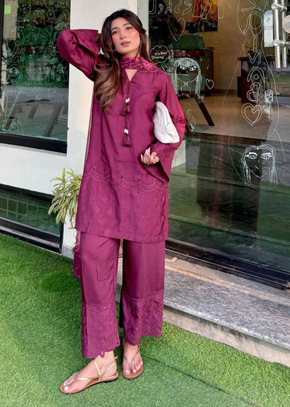 Pakistani Designer Plum Viscose Raw Silk Salwar Kameez Online in KSA Riyadh Saudi Arabia Oman Bahrain Qatar