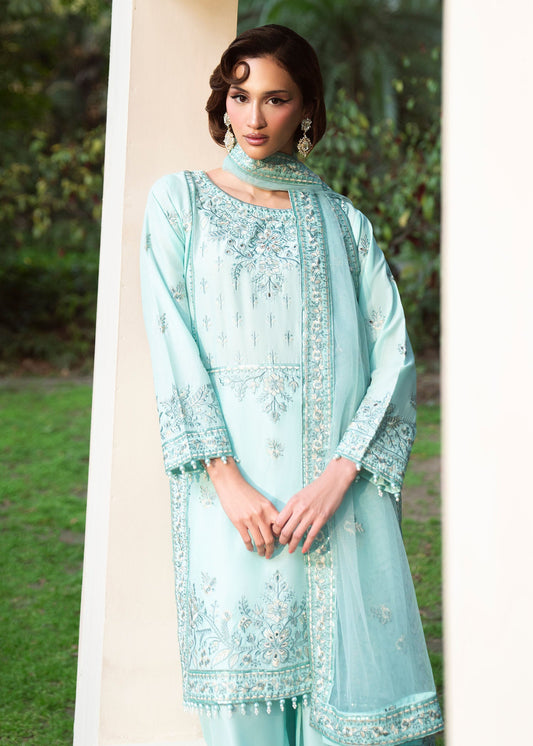 Pakistani Designer Powder Blue Lawn Salwar Kameez Online in KSA Riyadh Saudi Arabia Oman Bahrain Qatar