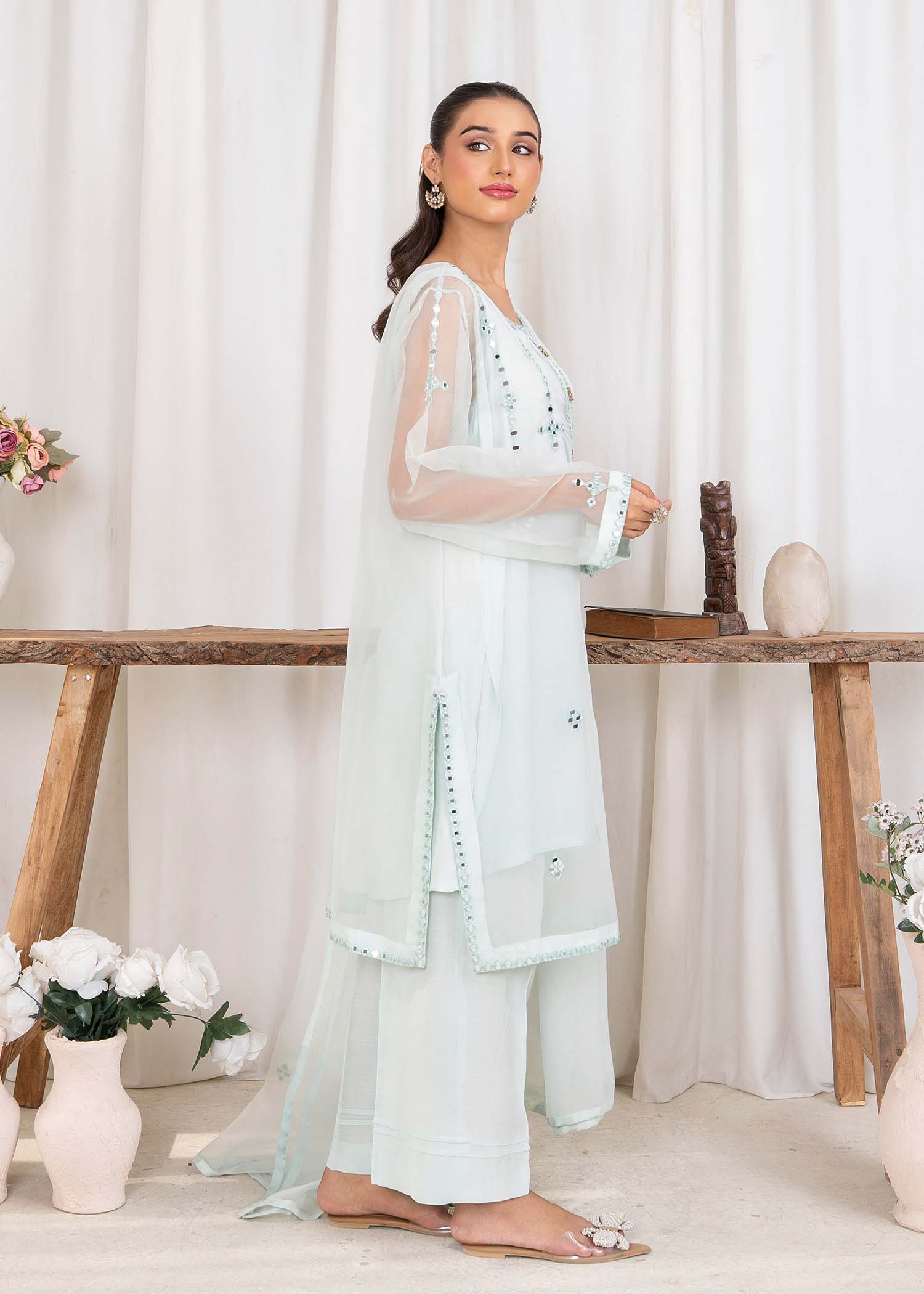 Pakistani Designer Powder Blue Organza Salwar Kameez Online in KSA Riyadh Saudi Arabia Oman Bahrain Qatar