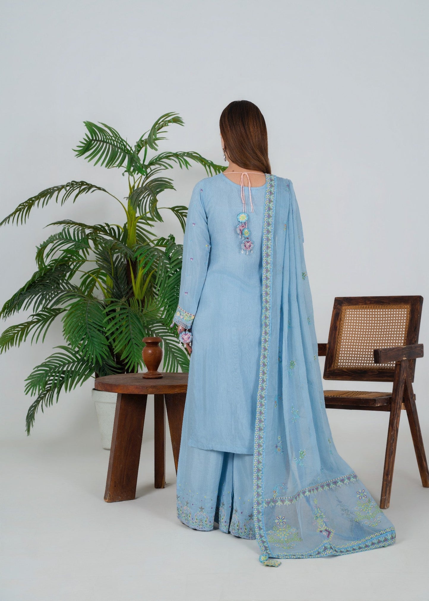 Pakistani Designer Powder Blue Silk Suit Online in KSA Riyadh Saudi Arabia Oman Bahrain Qatar