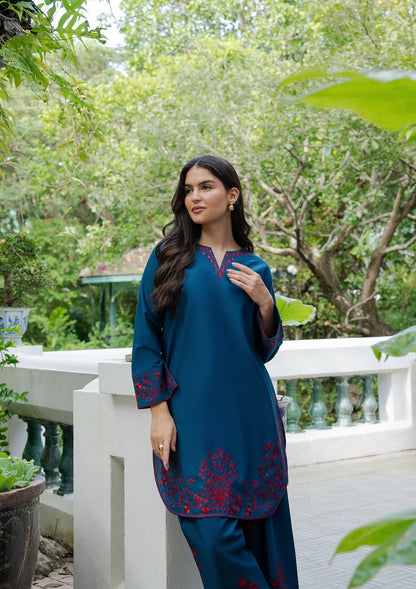 Pakistani Designer Prussian Blue Khaddar Salwar Kameez Online in KSA Riyadh Saudi Arabia Oman Bahrain Qatar