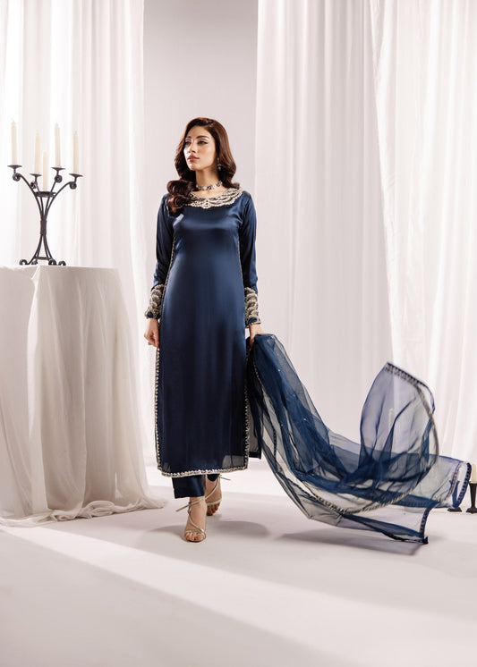 Pakistani Designer Prussian Blue Silk Suit with Organza Dupatta Online in KSA Riyadh Saudi Arabia Oman Bahrain Qatar