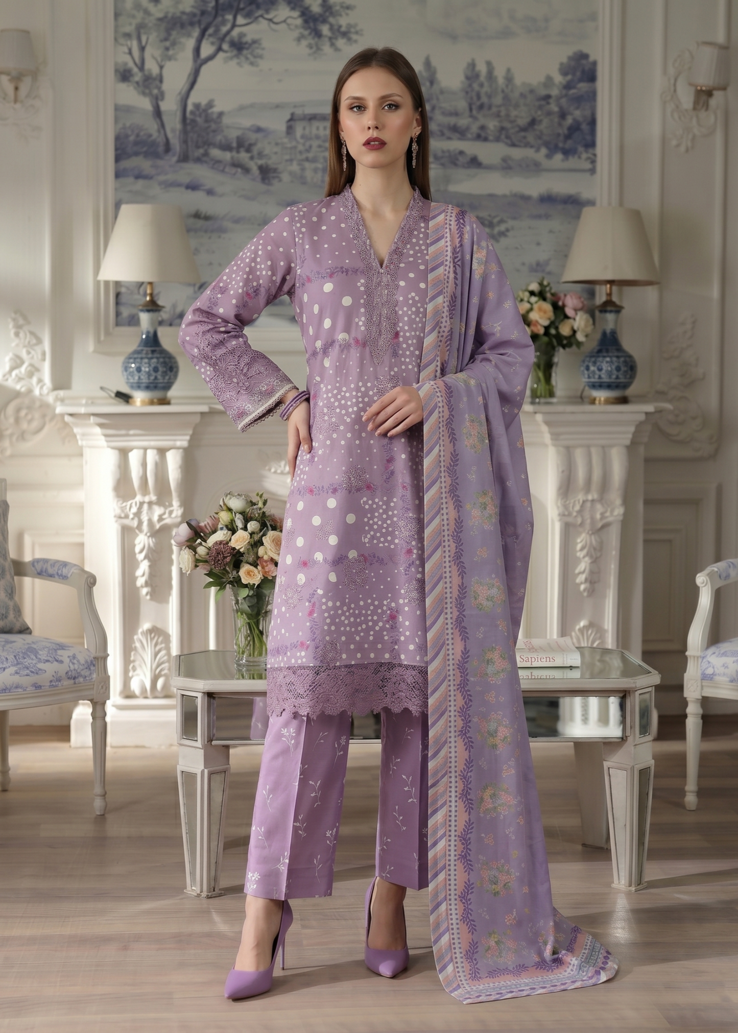 Pakistani Designer Purple Ash Lawn Salwar Suit Online in KSA Riyadh Saudi Arabia Oman Bahrain Qatar