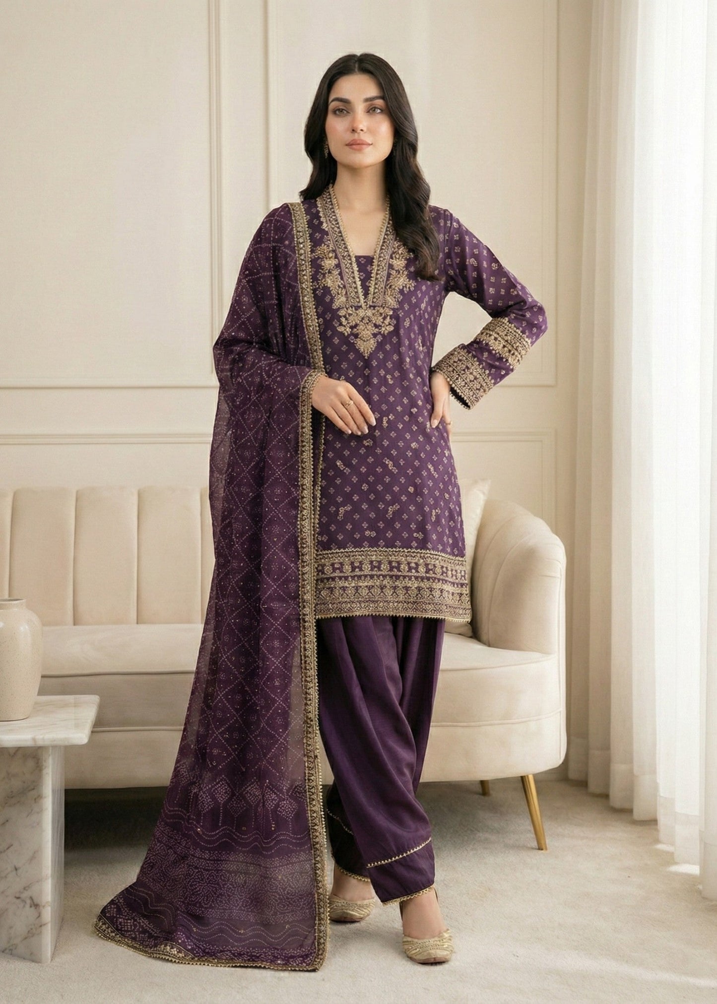 Pakistani Designer Purple Chiffon Farshi Shalwar Online in KSA Riyadh Saudi Arabia Oman Bahrain Qatar