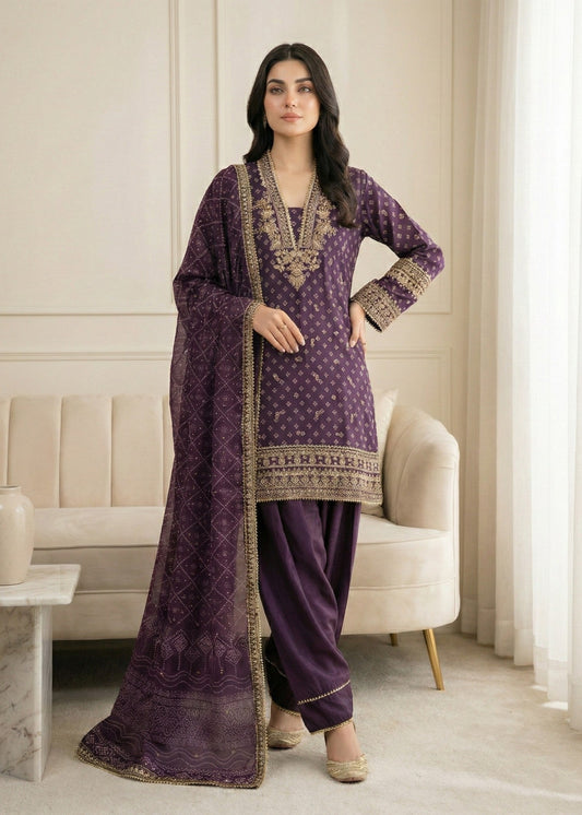 Pakistani Designer Purple Chiffon Farshi Shalwar Online in KSA Riyadh Saudi Arabia Oman Bahrain Qatar