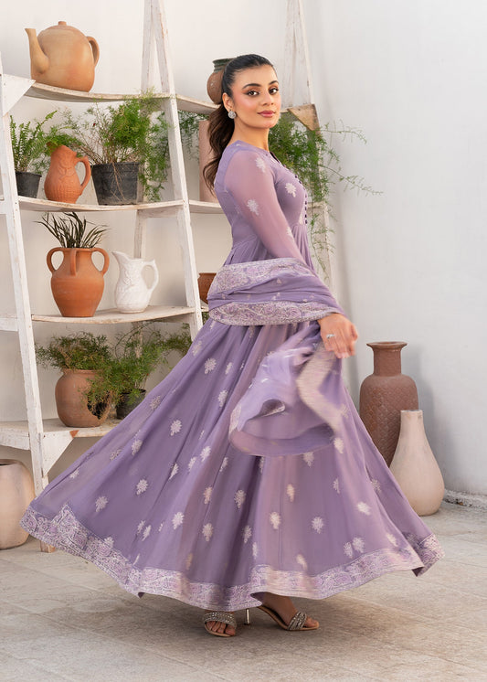 Pakistani Designer Purple Chiffon Pishwas Salwar Kameez Online in KSA Riyadh Saudi Arabia Oman Bahrain Qatar