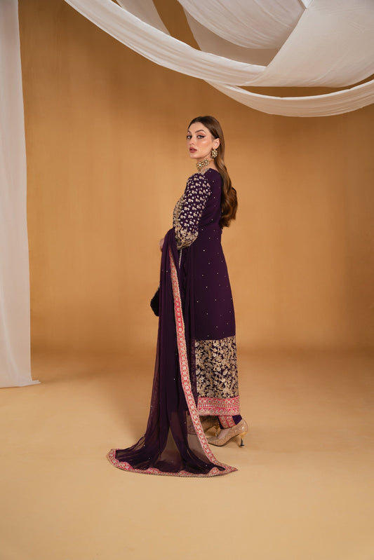 Pakistani Designer Purple Chiffon Salwar Kameez Online in KSA Riyadh Saudi Arabia Oman Bahrain Qatar